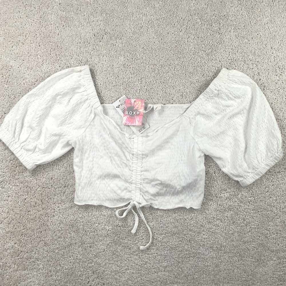 Roxy Flirty Waves White Textured Ruched Crop Top Puff Sleeve Womens Large NWT